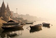 Sunrise over the ghats of Varanasi along the River Ganga