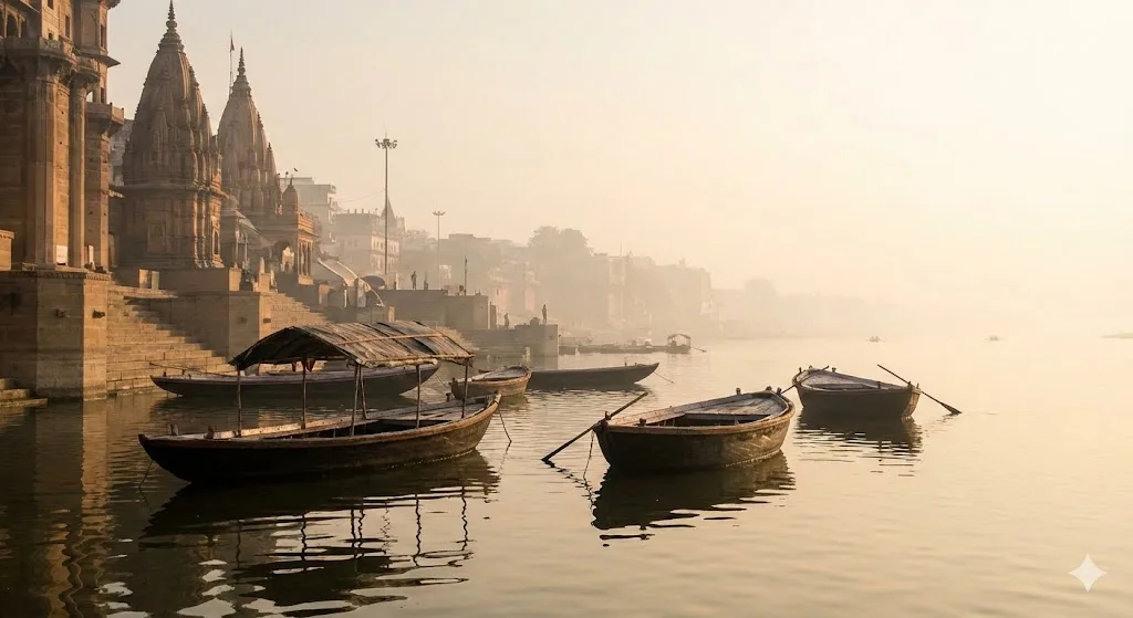 Sunrise over the ghats of Varanasi along the River Ganga